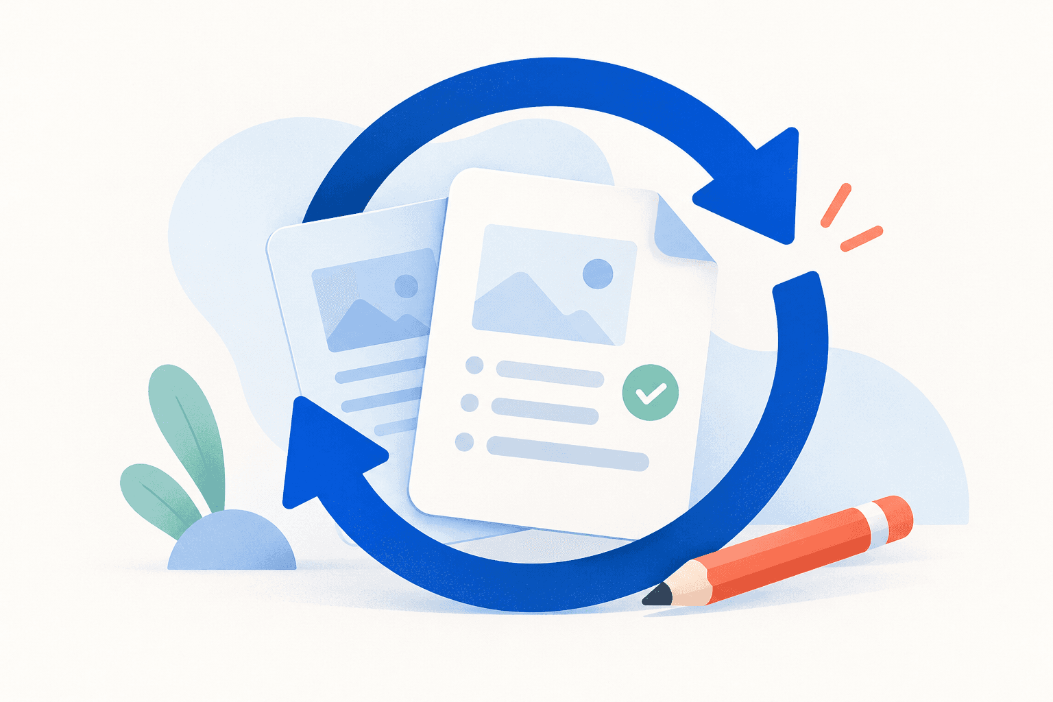 Circular refresh arrows surround guide pages, a check mark, and a coral pencil.