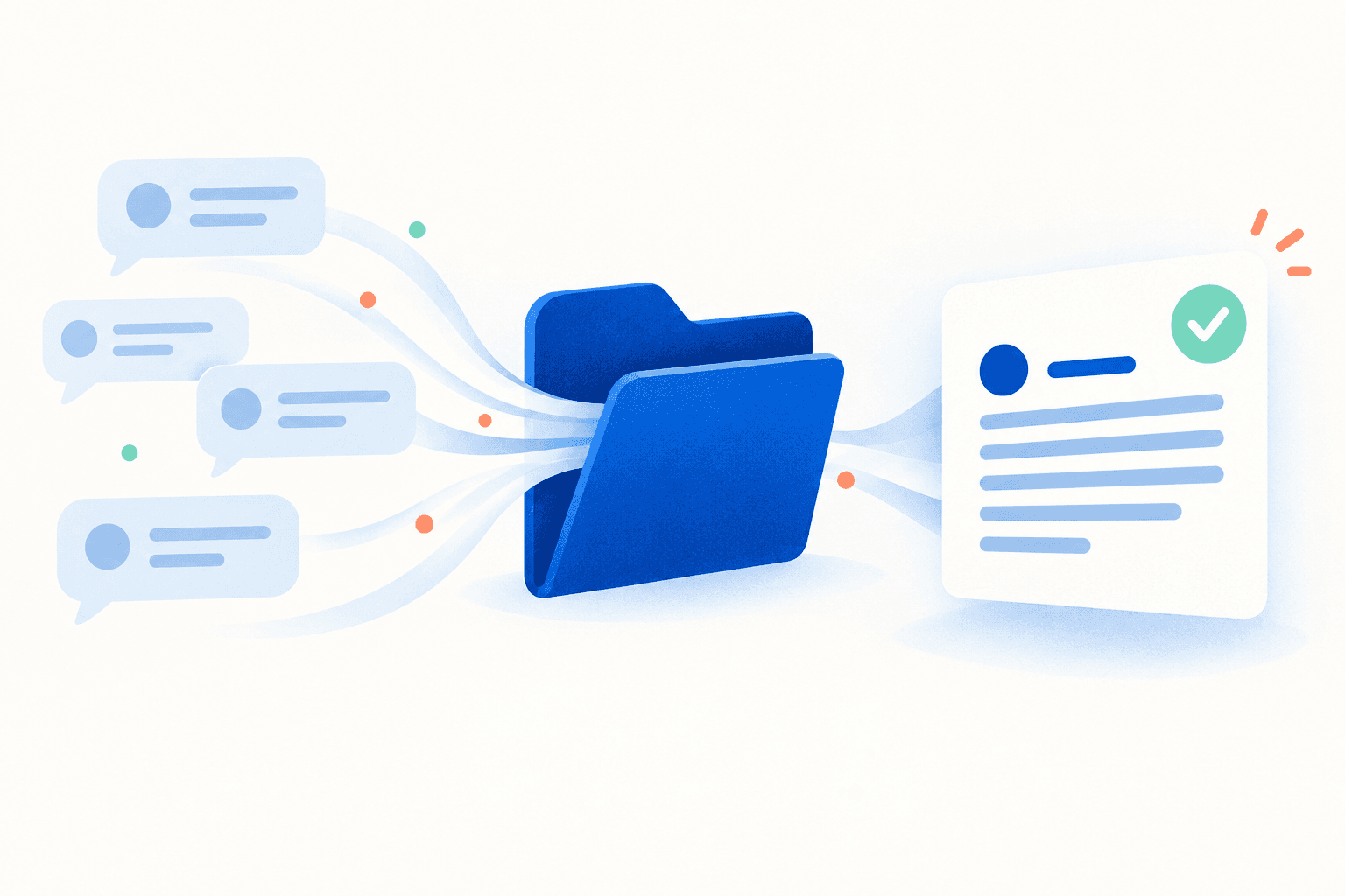 Several conversation bubbles flow through a folder into one organised guide.
