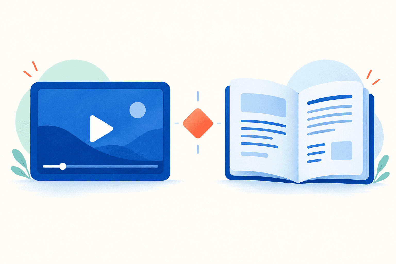 A video player and an open written guide shown side by side.