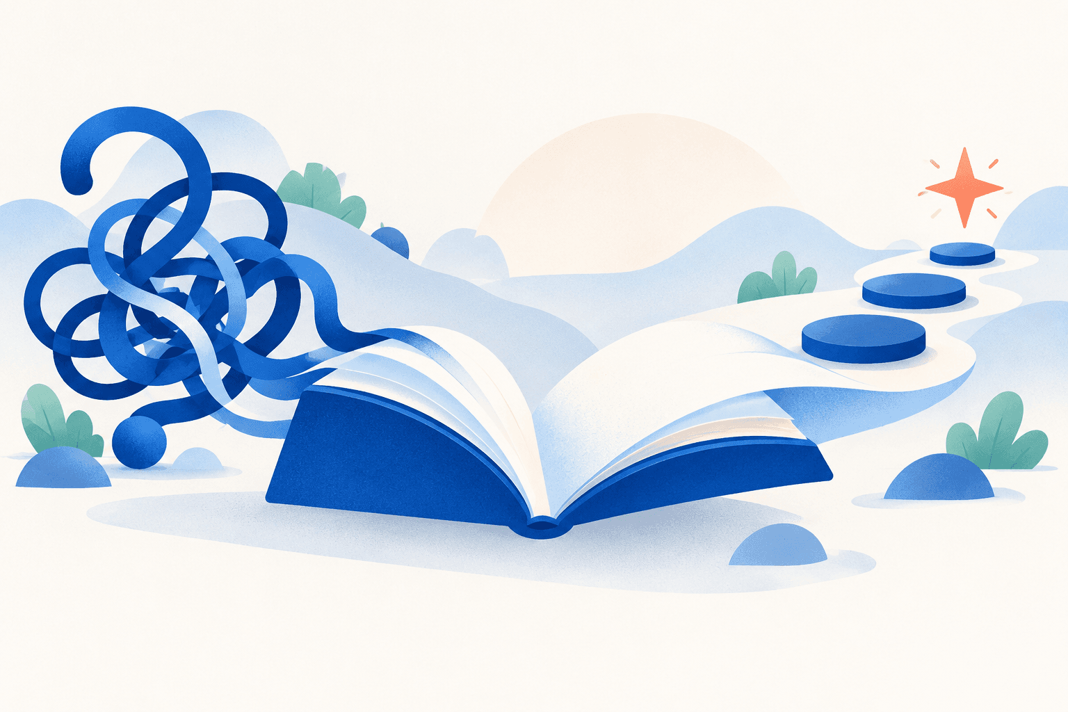 An open blue guidebook turns a tangled ribbon into a clear path toward a star.