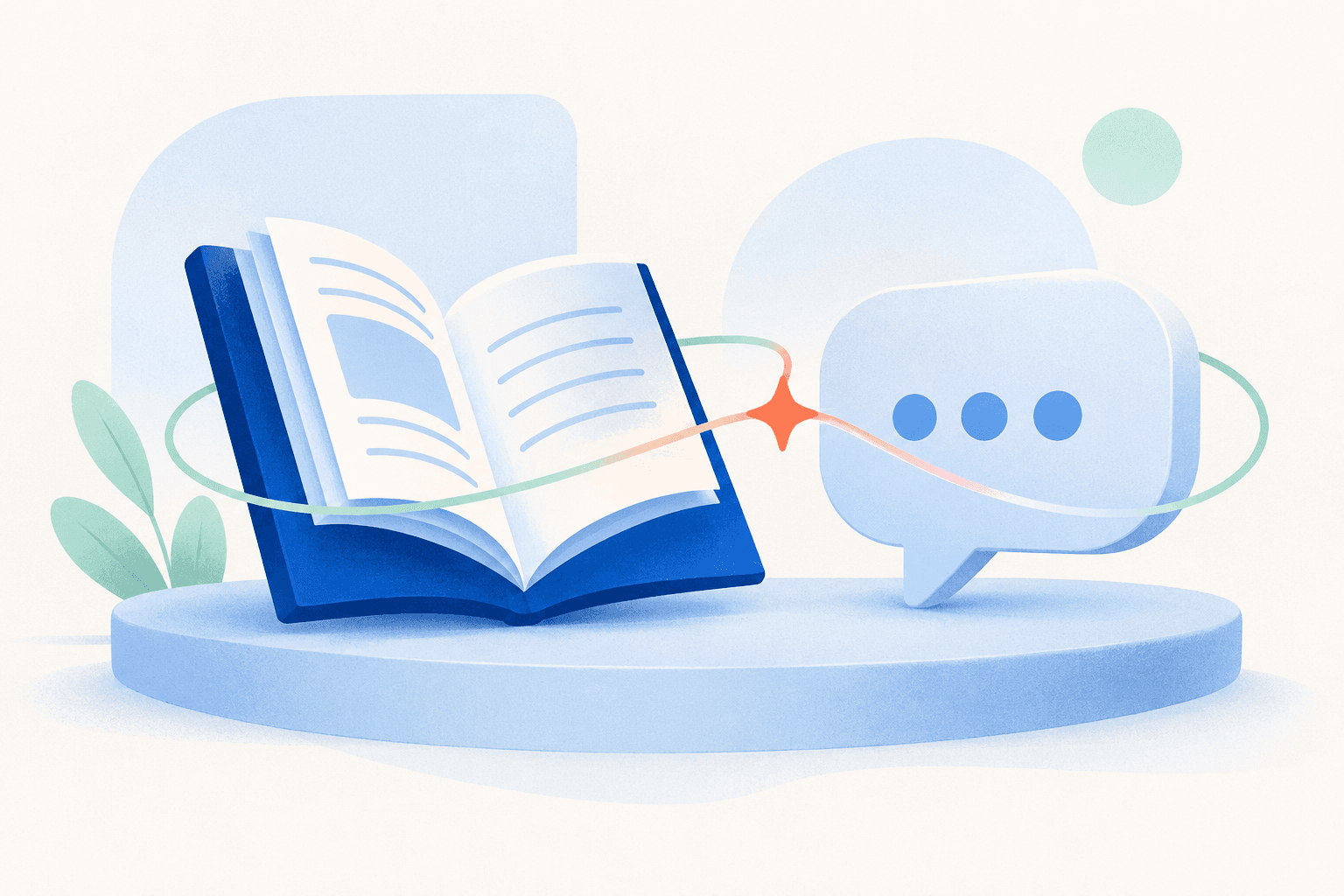 An open guidebook and a conversation bubble connected on a shared platform.
