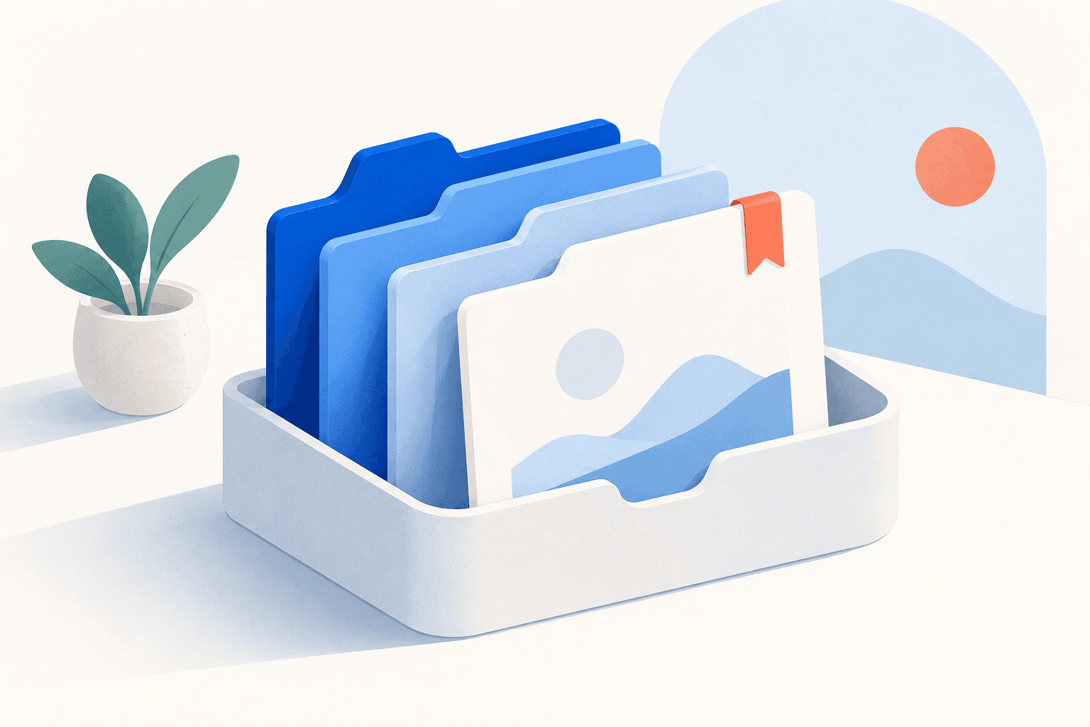 Blue document folders and a bookmarked guide arranged in a tidy help library.