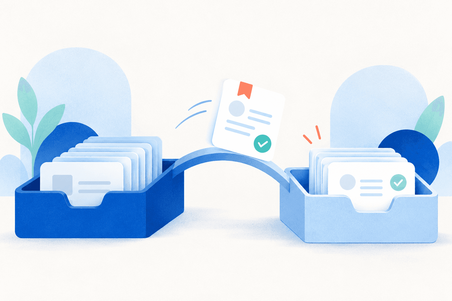 A completed guide passes over a bridge between two document trays.